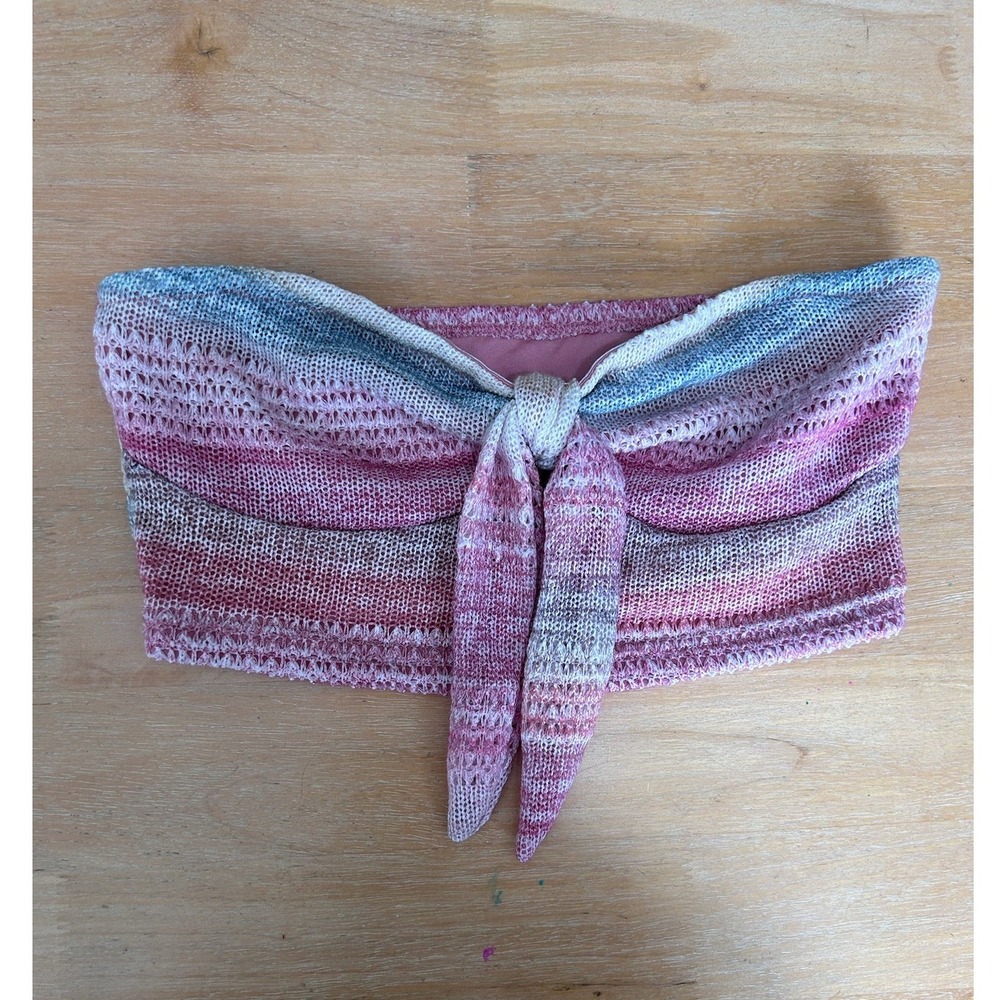 Women Pink Ombre Space Tie Front Knit Bandeau Crop Top Small S Y2K Festival Boho